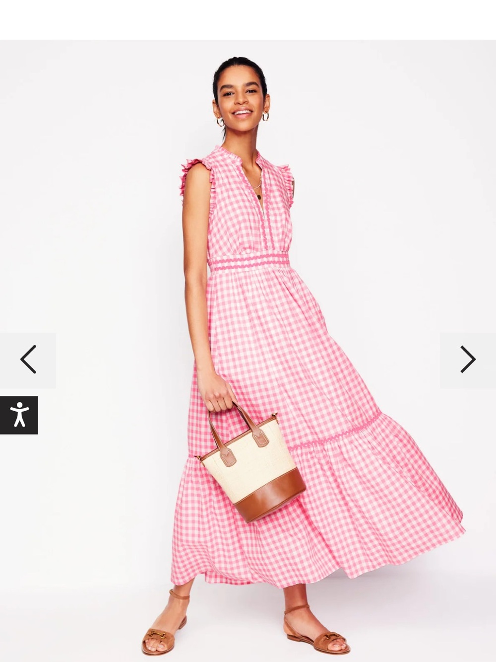 ISO Boden Pink Gingham Ruffle-Shoulder Maxi Dress